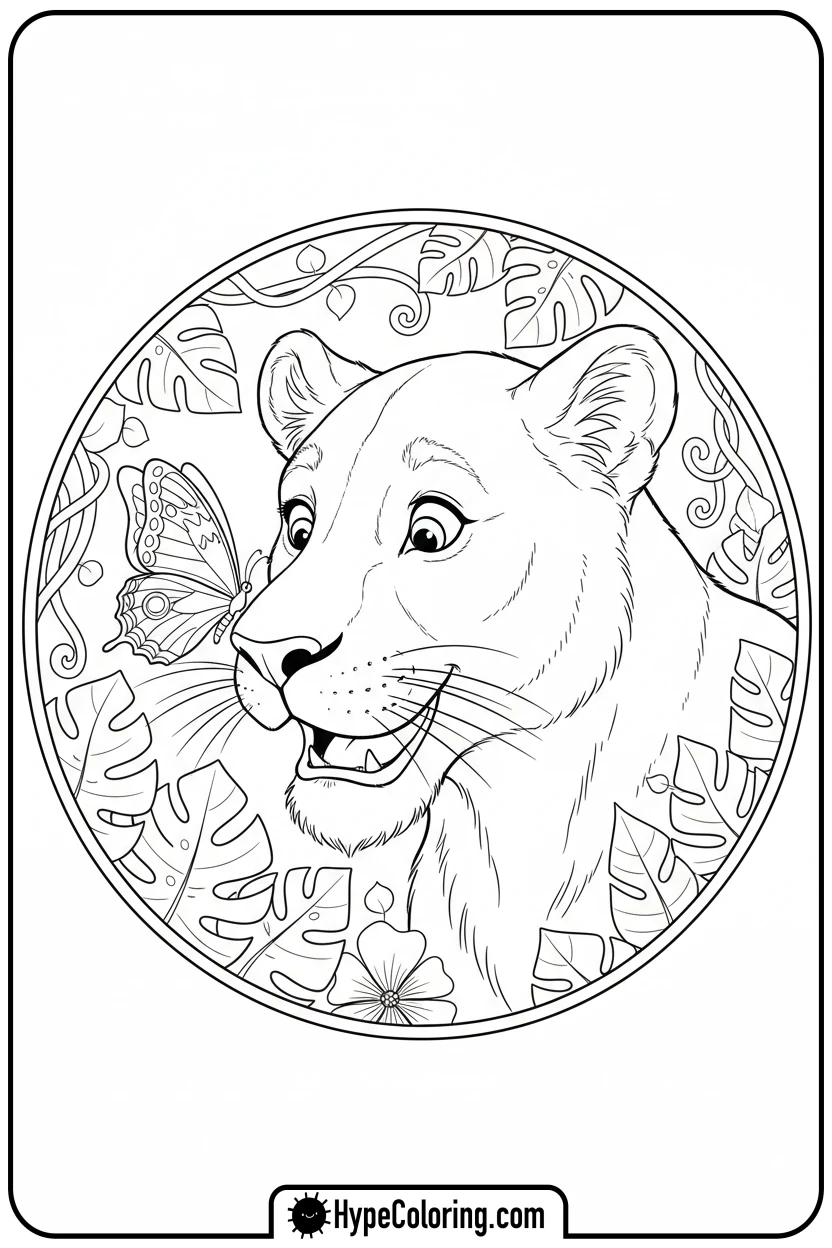 Click to download PDF lioness-with-butterfly-on-nose - lioness coloring pages