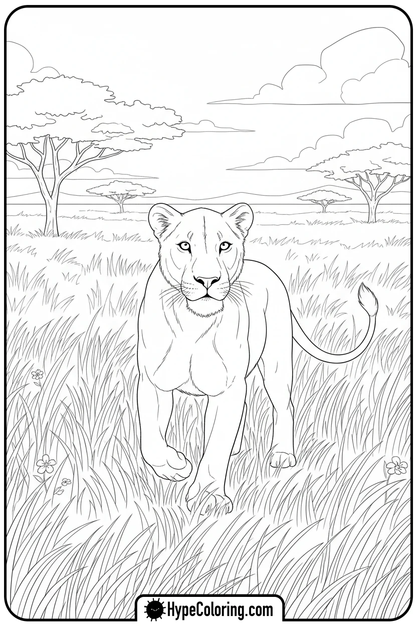 Click to download PDF lioness-walking-through-grass - lioness coloring pages