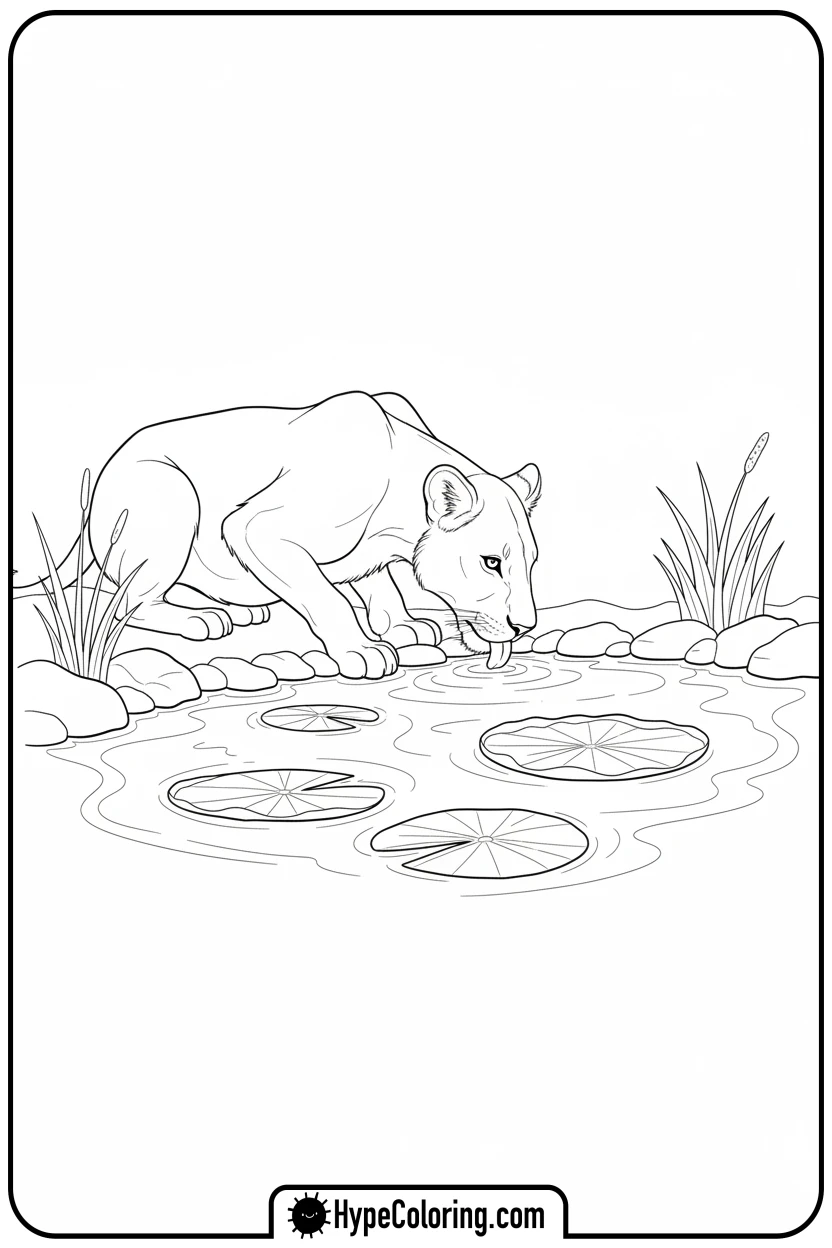 Click to download PDF lioness-drinking-from-pond - lioness coloring pages