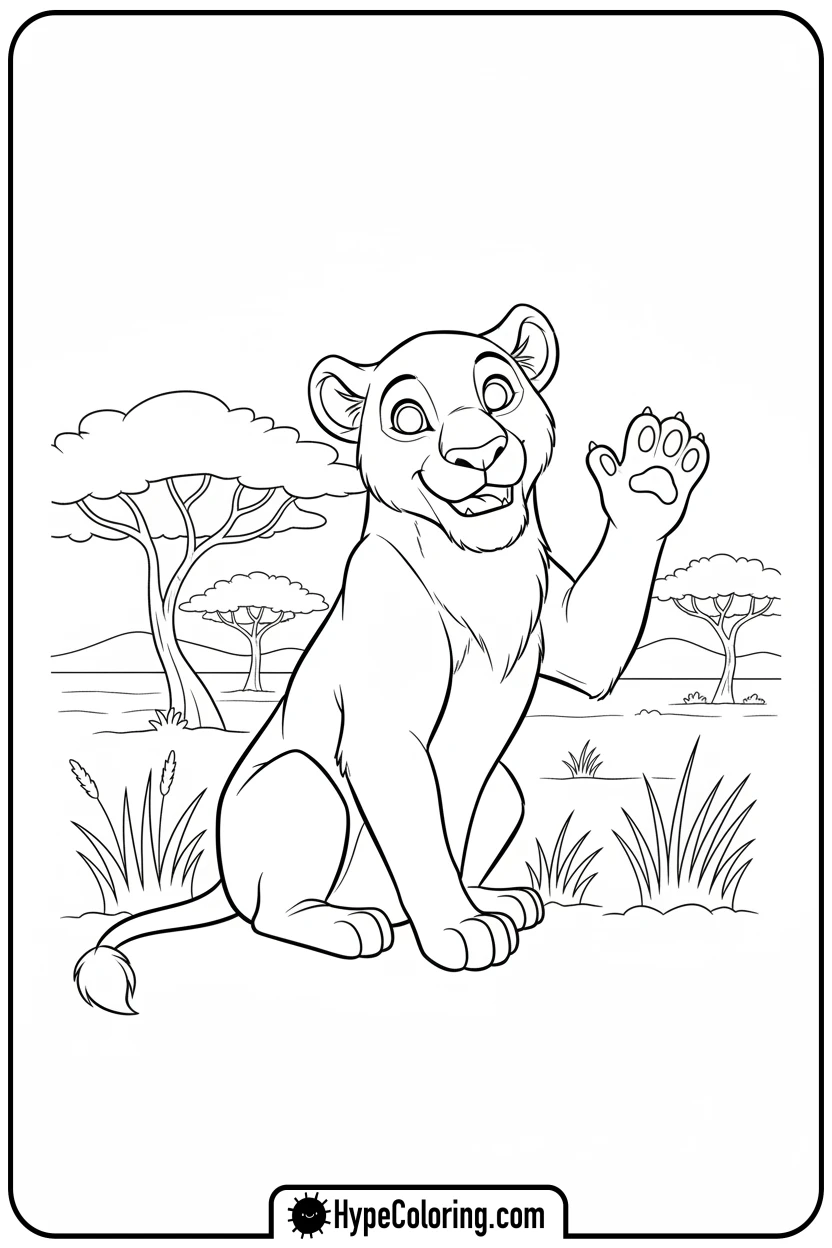 Click to download PDF lioness-waving-hello - lioness coloring pages