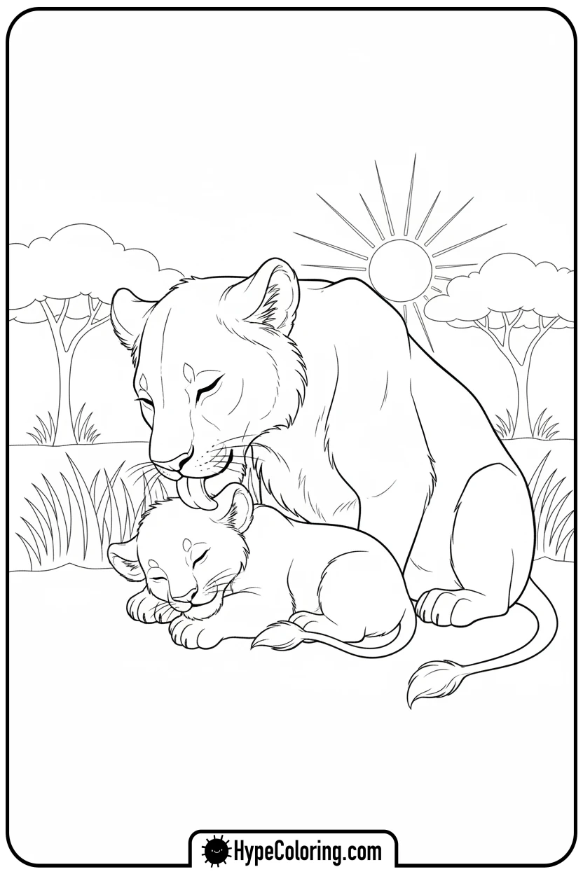 Click to download PDF lioness-grooming-cub - lioness coloring pages