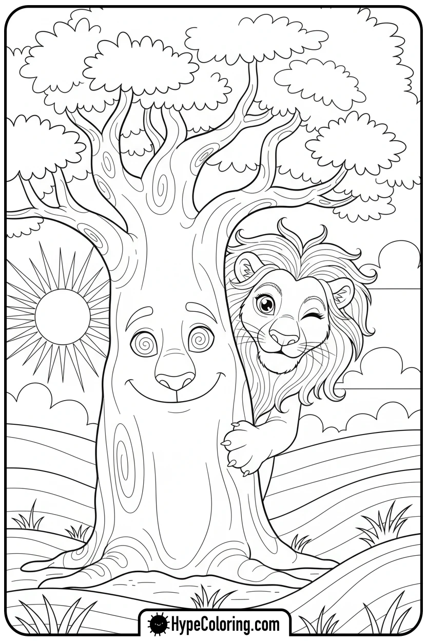 Click to download PDF lioness-peeking-from-tree - lioness coloring pages