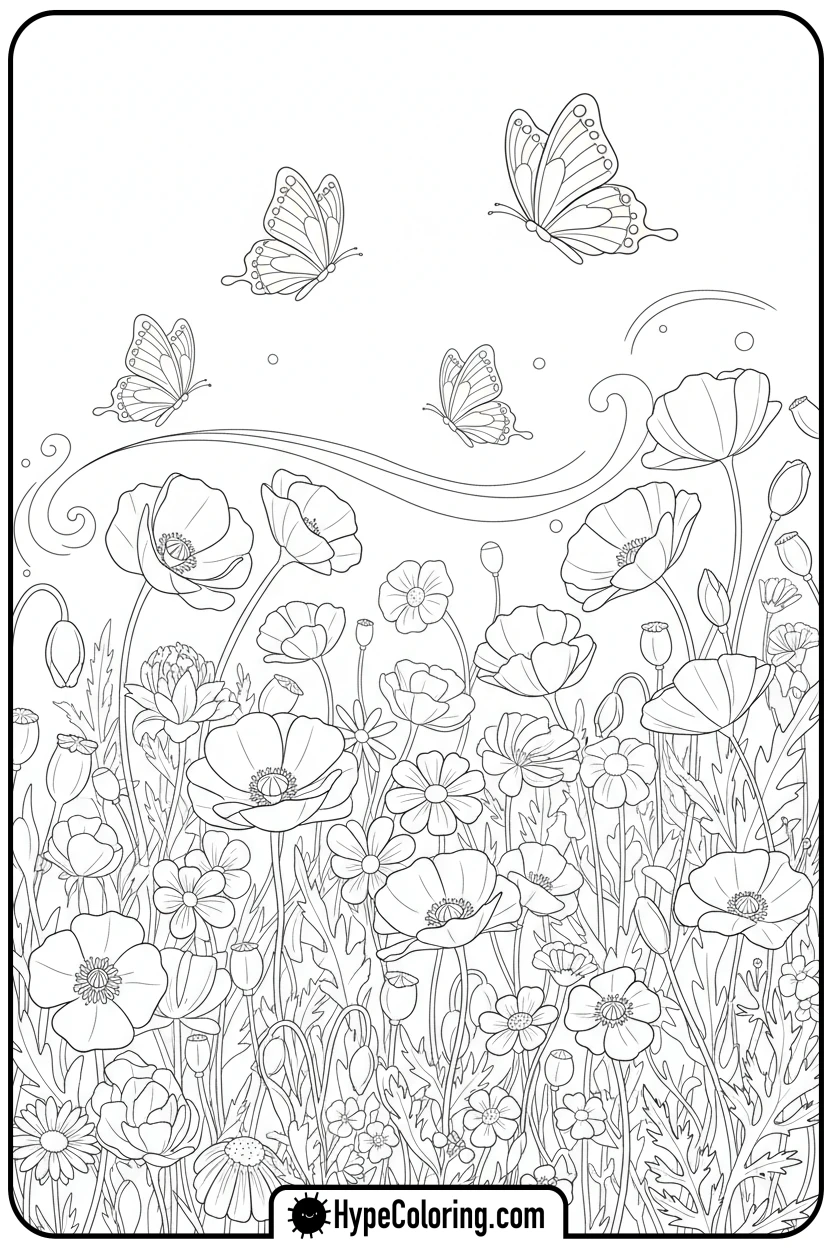 whimsical-poppy-field-with-butterflies - memorial day coloring pages