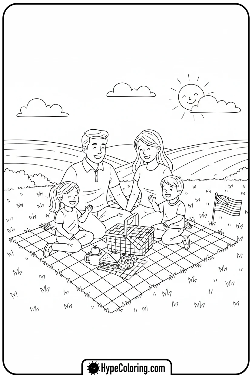 family-picnic-with-flag - memorial day coloring pages