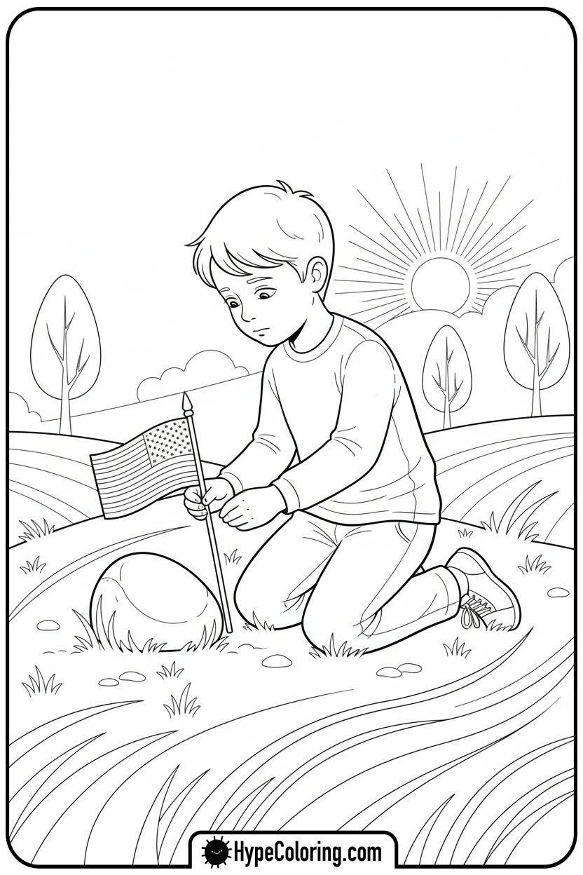 child-placing-flag-at-memorial - memorial day coloring pages