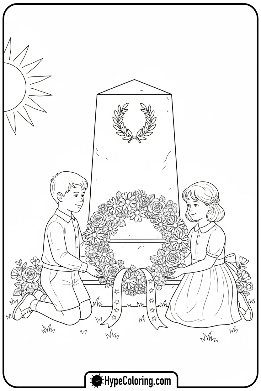 children-placing-flower-wreath - memorial day coloring pages
