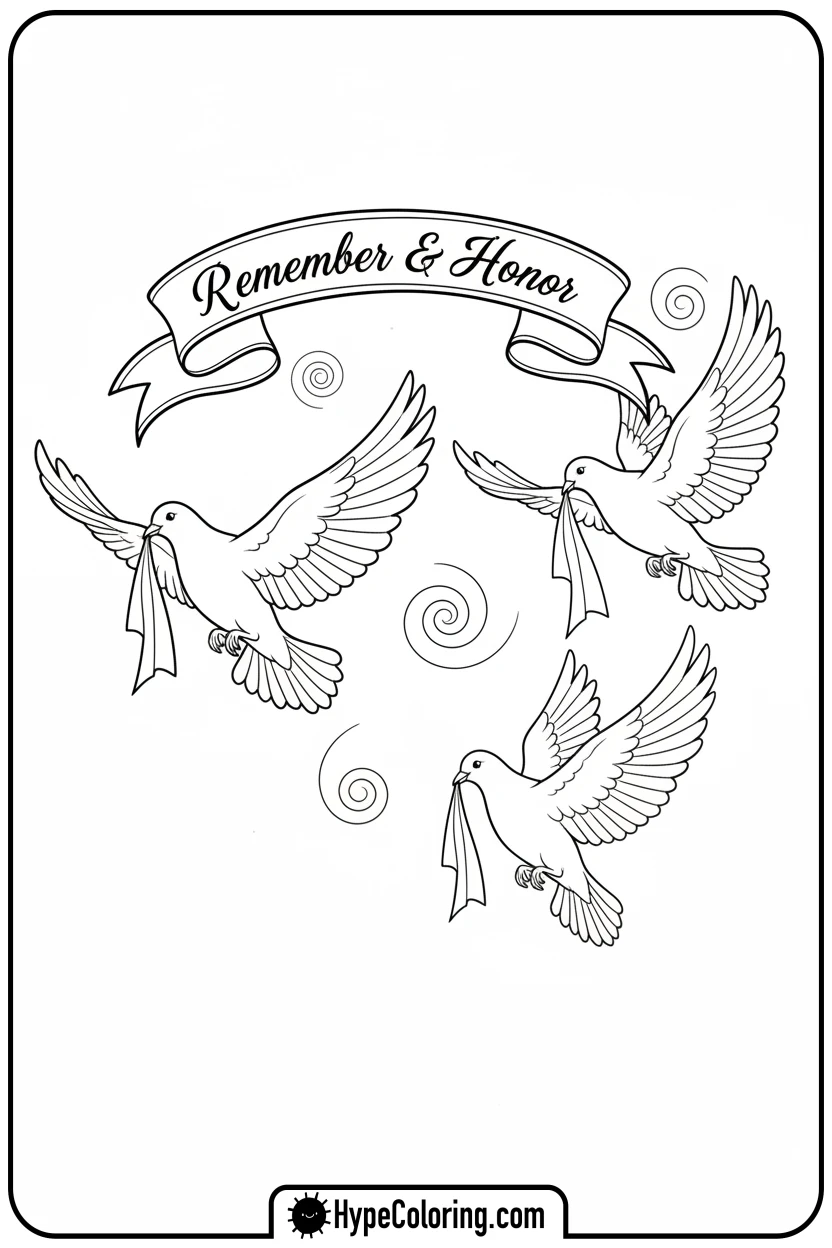 doves-carrying-remember-honor-banner - memorial day coloring pages