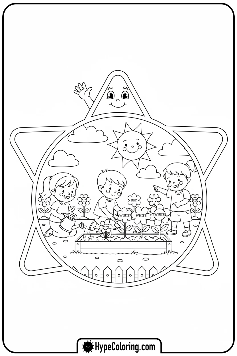 star-frame-with-kids-gardening - memorial day coloring pages