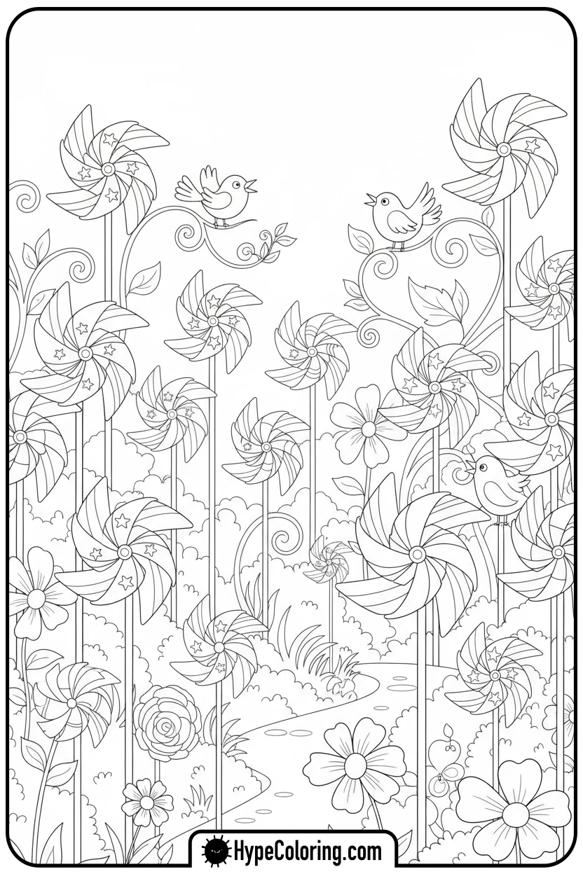 pinwheel-garden-with-birds - memorial day coloring pages