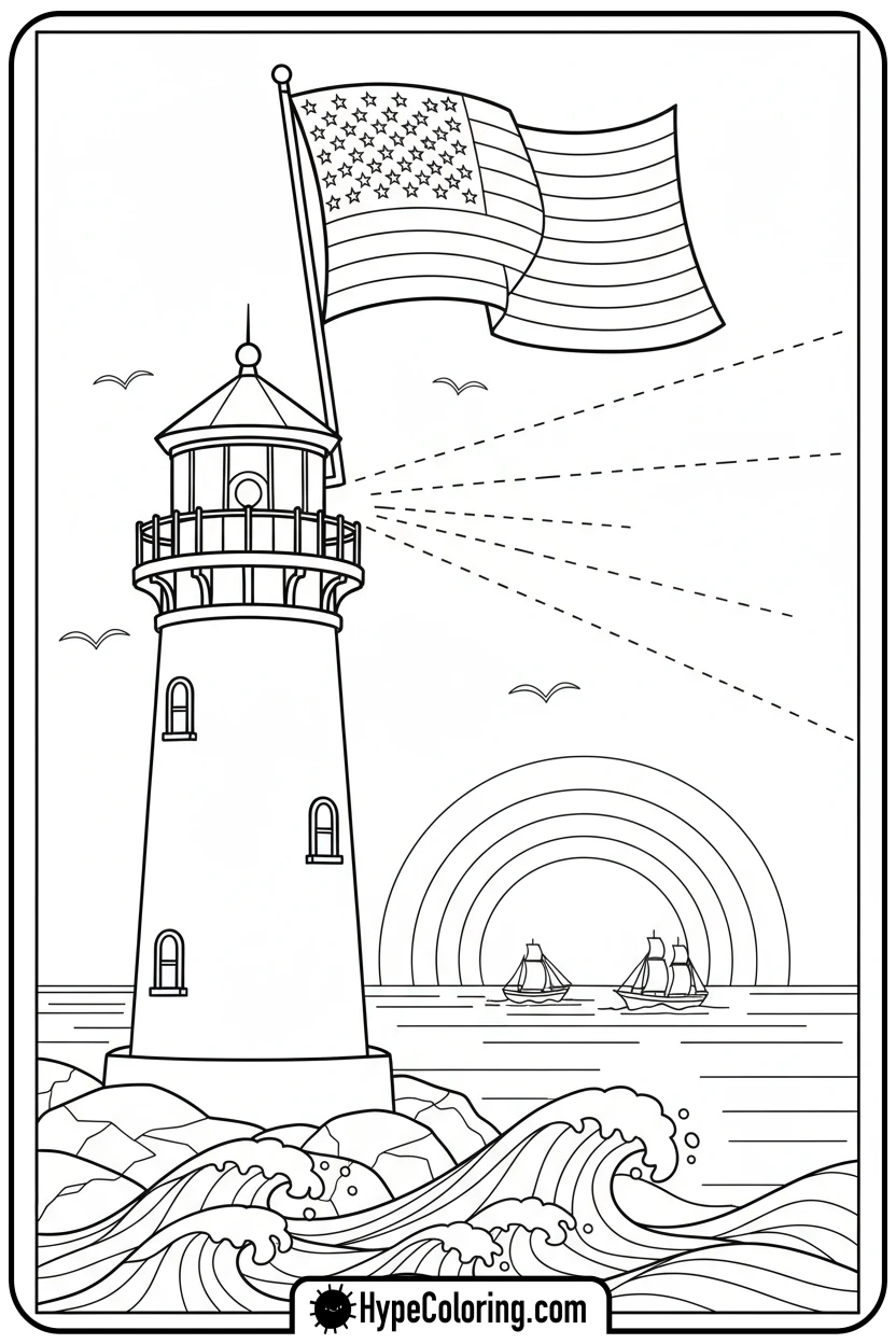 lighthouse-with-american-flag - memorial day coloring pages