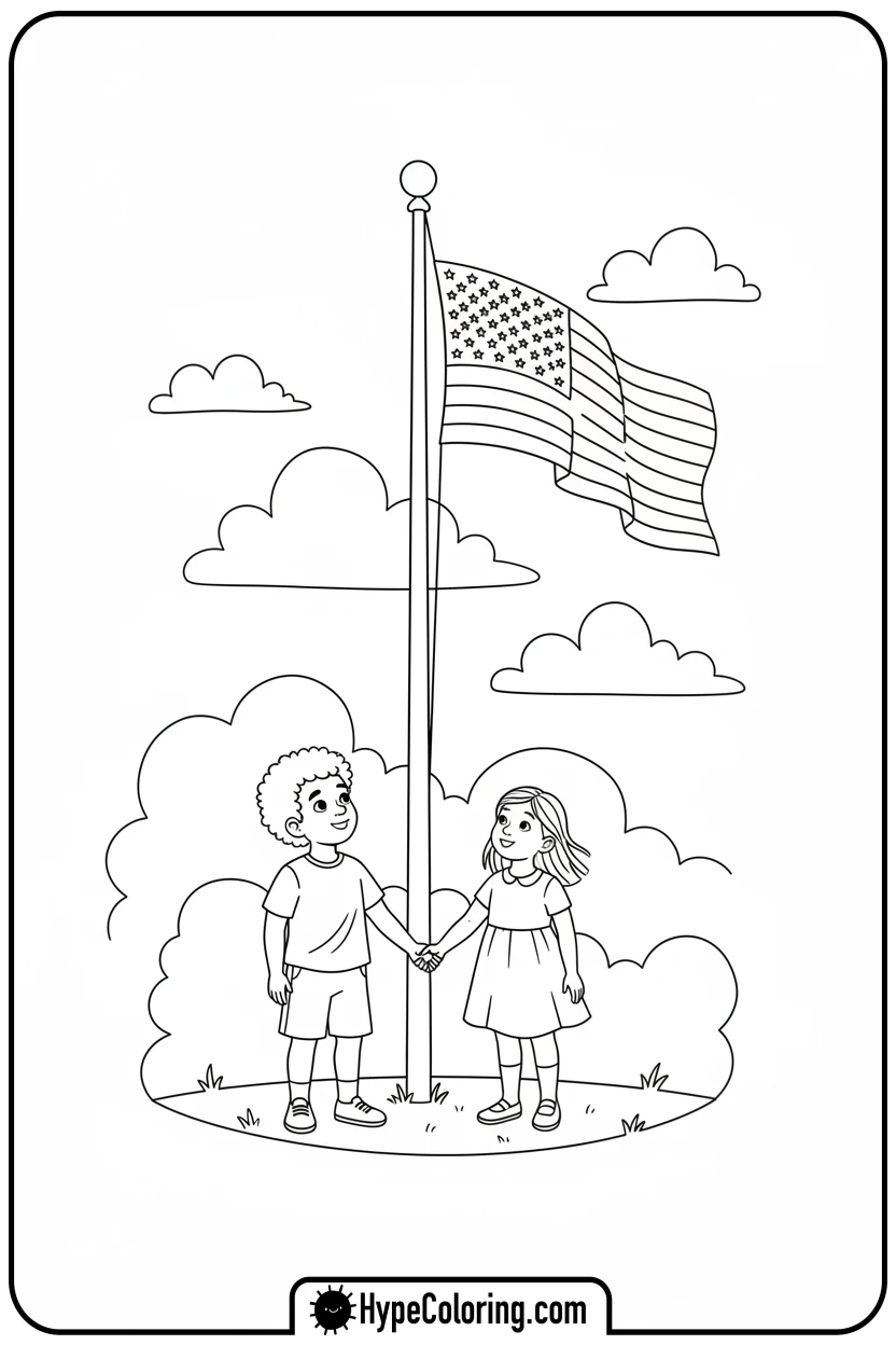 children-holding-hands-by-flagpole - memorial day coloring pages