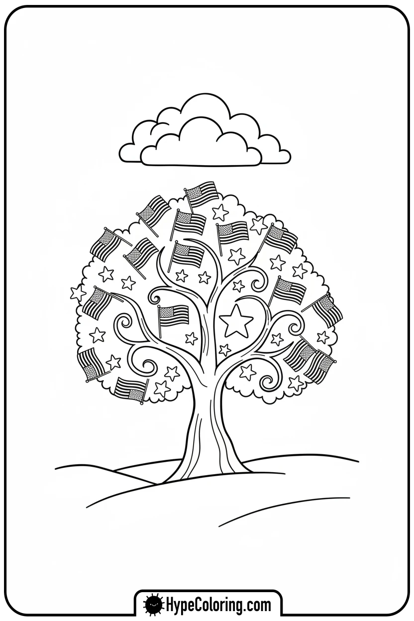 tree-with-flag-and-star-leaves - memorial day coloring pages
