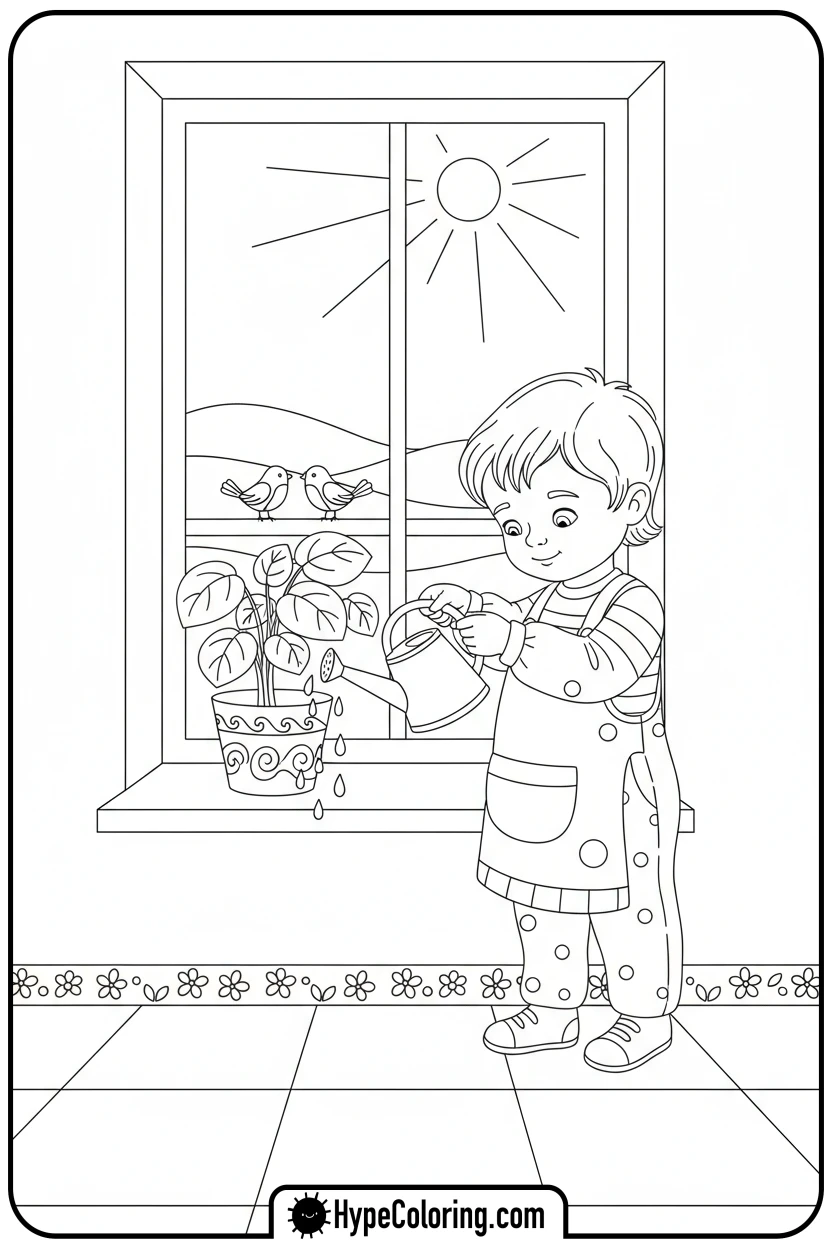 child-watering-a-plant - mental health coloring pages