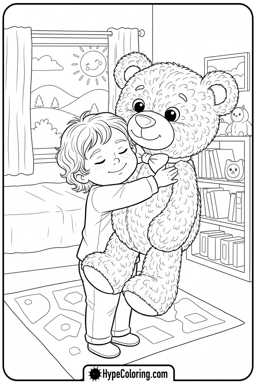 child-hugging-teddy-bear - mental health coloring pages