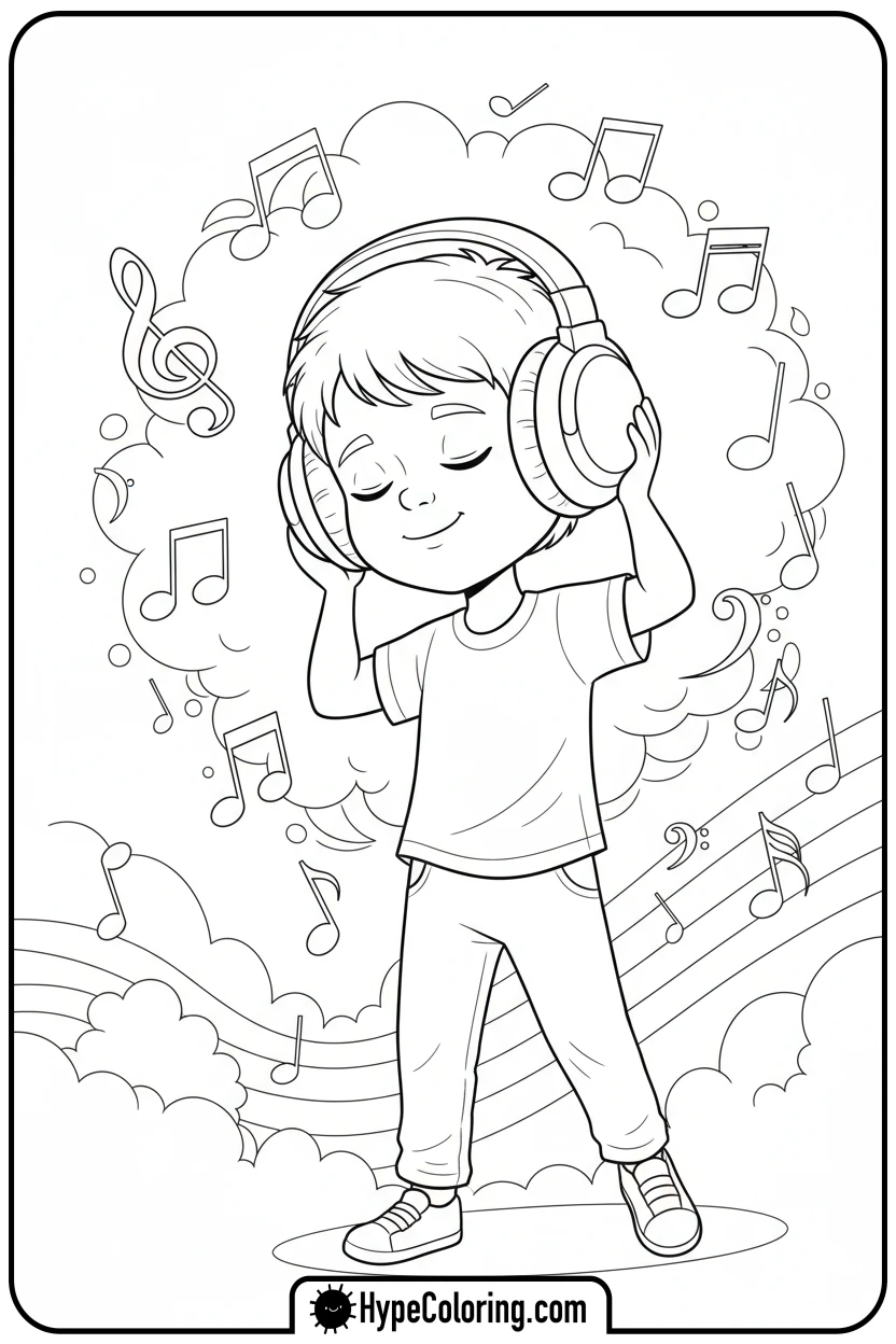 child-listening-to-music - mental health coloring pages