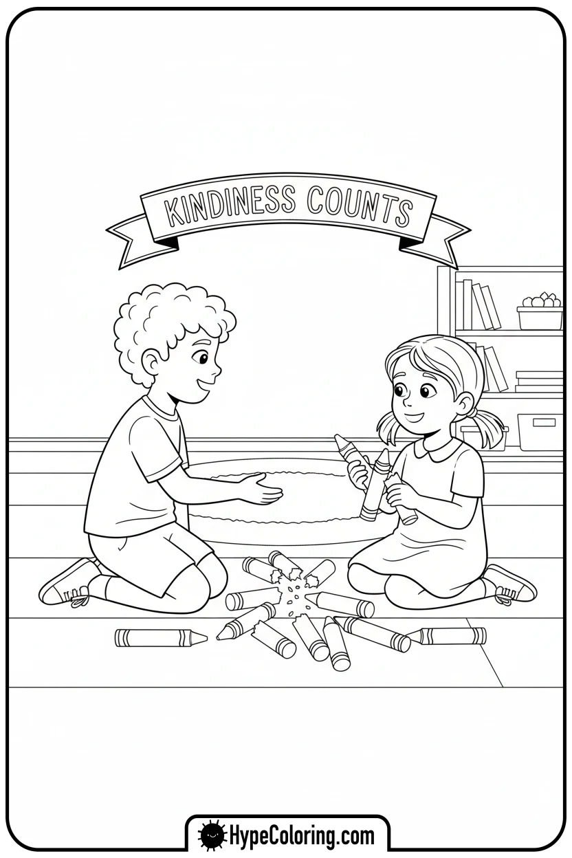 child-helping-pick-crayons - mental health coloring pages