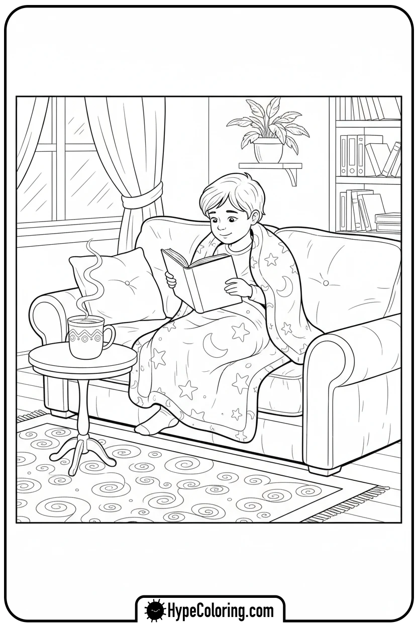 child-reading-cozy - mental health coloring pages