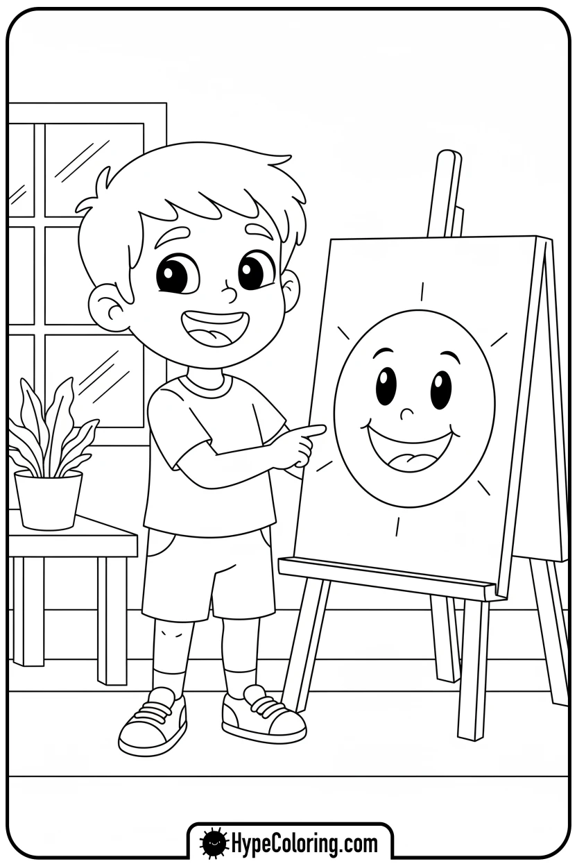child-pointing-to-happy-face - mental health coloring pages