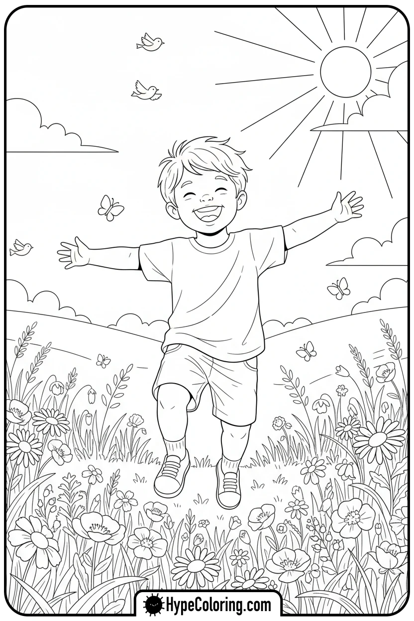 child-skipping-in-flowers - mental health coloring pages