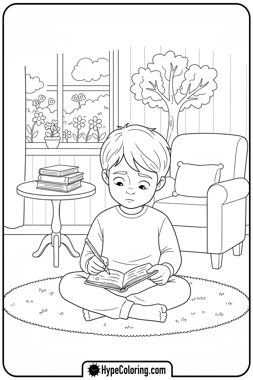 child-writing-in-journal - mental health coloring pages