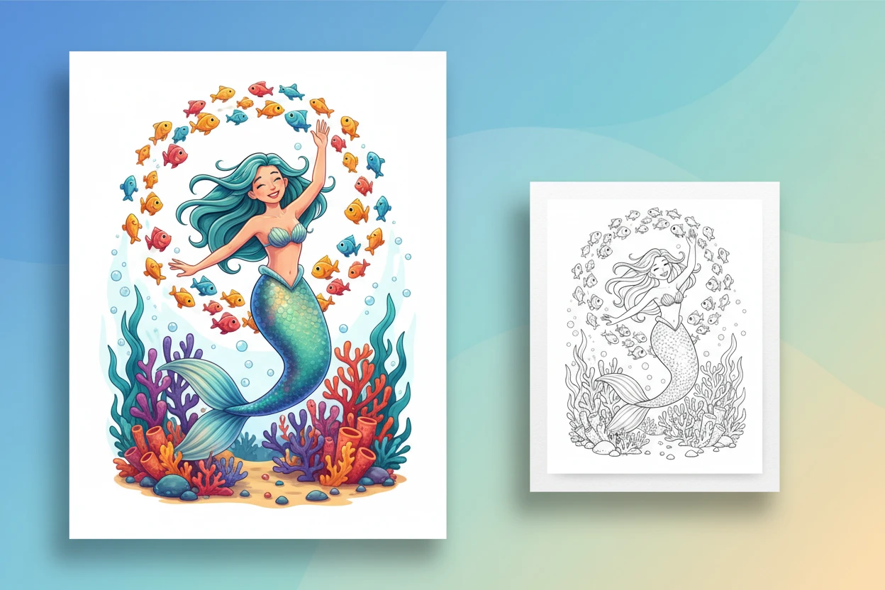 a-mermaid-joyfully-dancing-with - mermaid coloring pages print