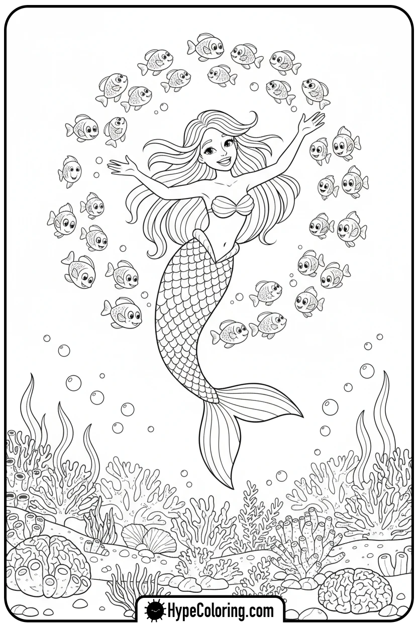 mermaid-dancing-with-fish - mermaid coloring pages print