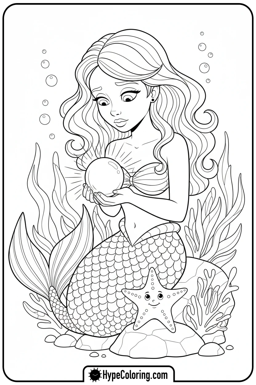 mermaid-holding-glowing-pearl - mermaid coloring pages print