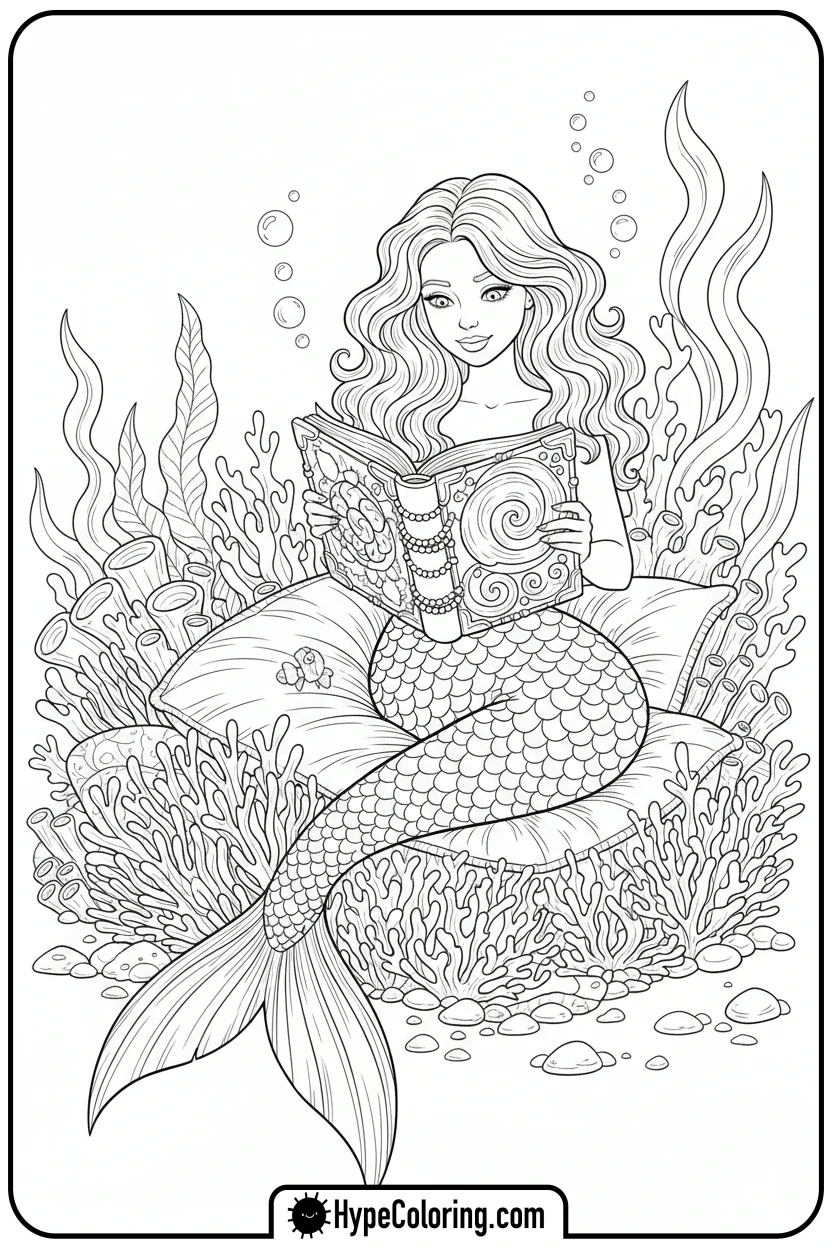 mermaid-reading-shell-book - mermaid coloring pages print