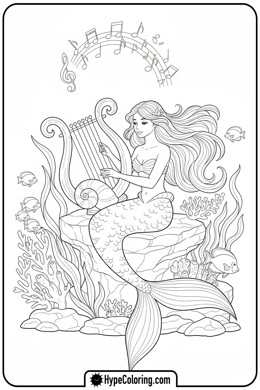 mermaid-playing-kelp-harp - mermaid coloring pages print