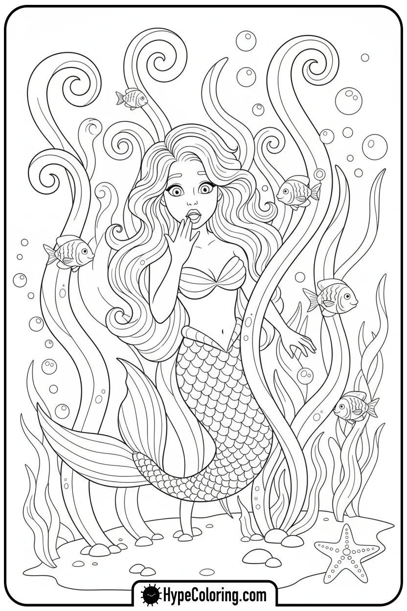 mermaid-peeking-from-kelp - mermaid coloring pages print