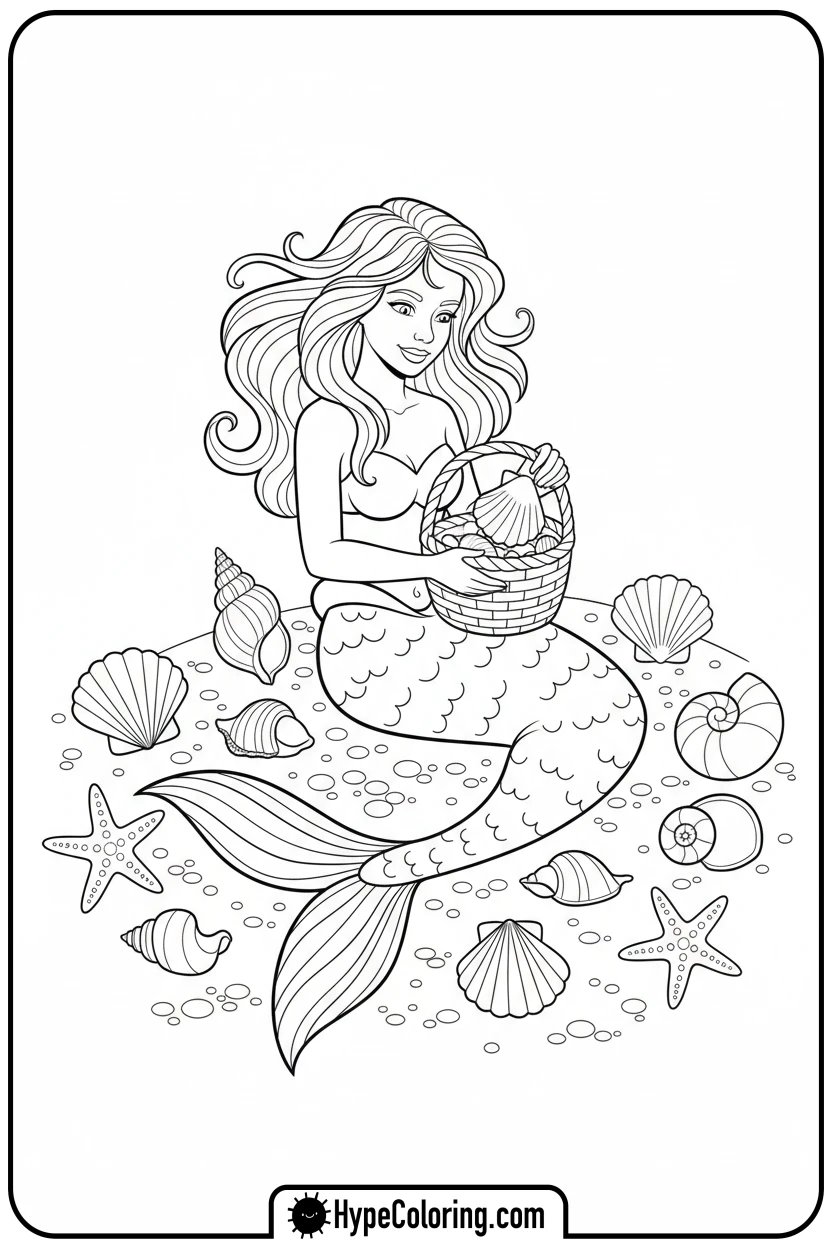 mermaid-collecting-seashells - mermaid coloring pages print