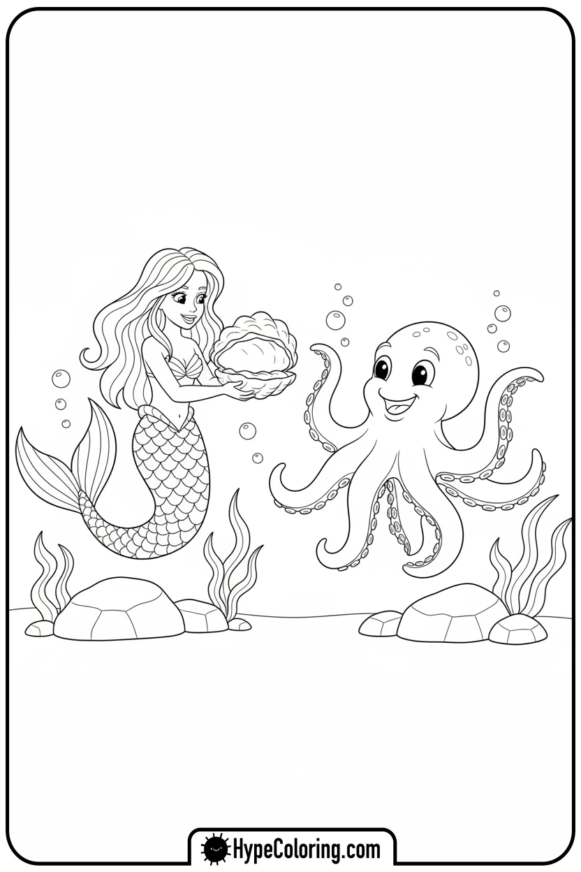 mermaid-offering-clam-to-octopus - mermaid coloring pages print