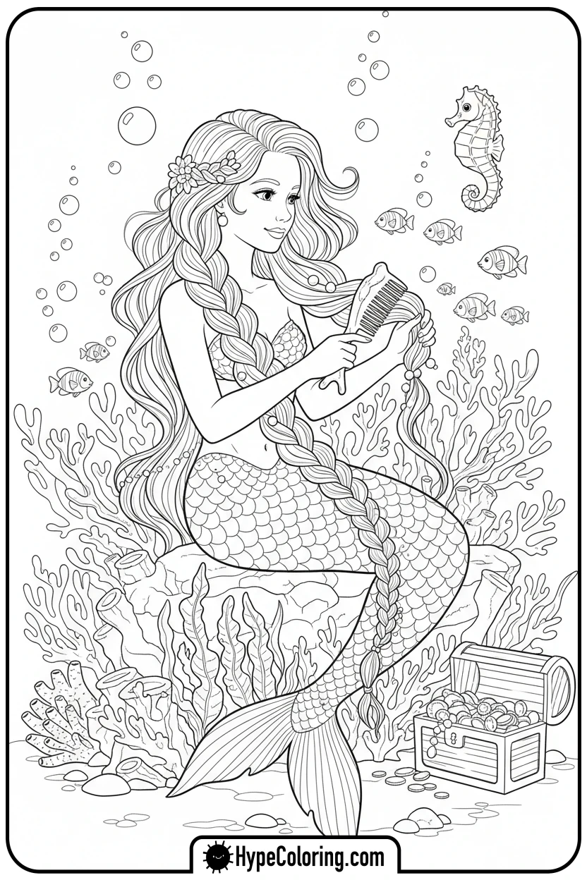 mermaid-braiding-hair-with-seaweed - mermaid coloring pages print