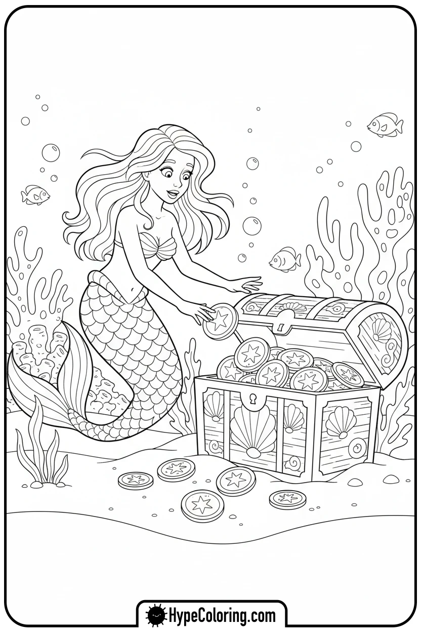 mermaid-discovering-treasure-chest - mermaid coloring pages print