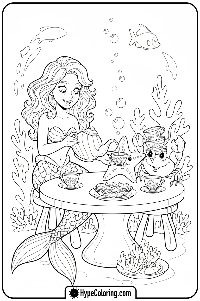 mermaid-tea-party-with-sea-creatures - mermaid coloring pages print