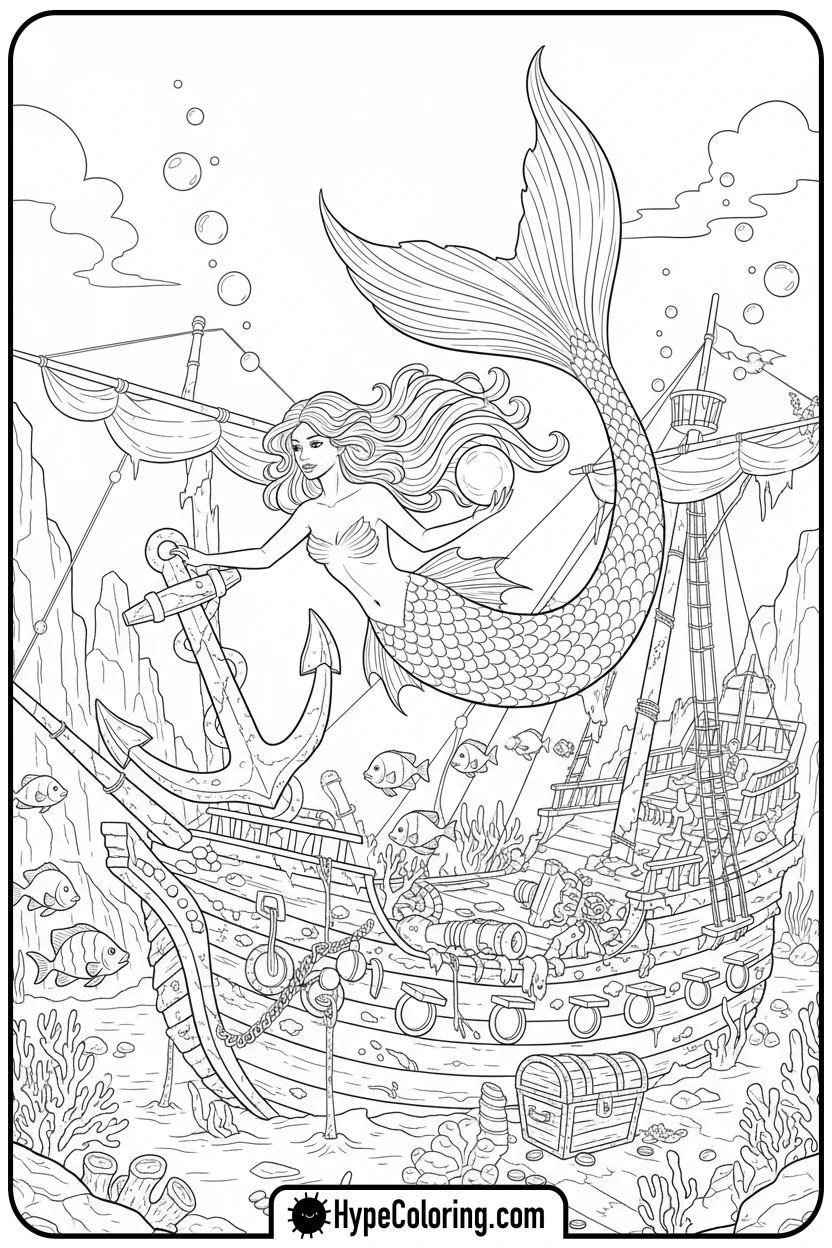 mermaid-flying-over-shipwreck - mermaid coloring pages print