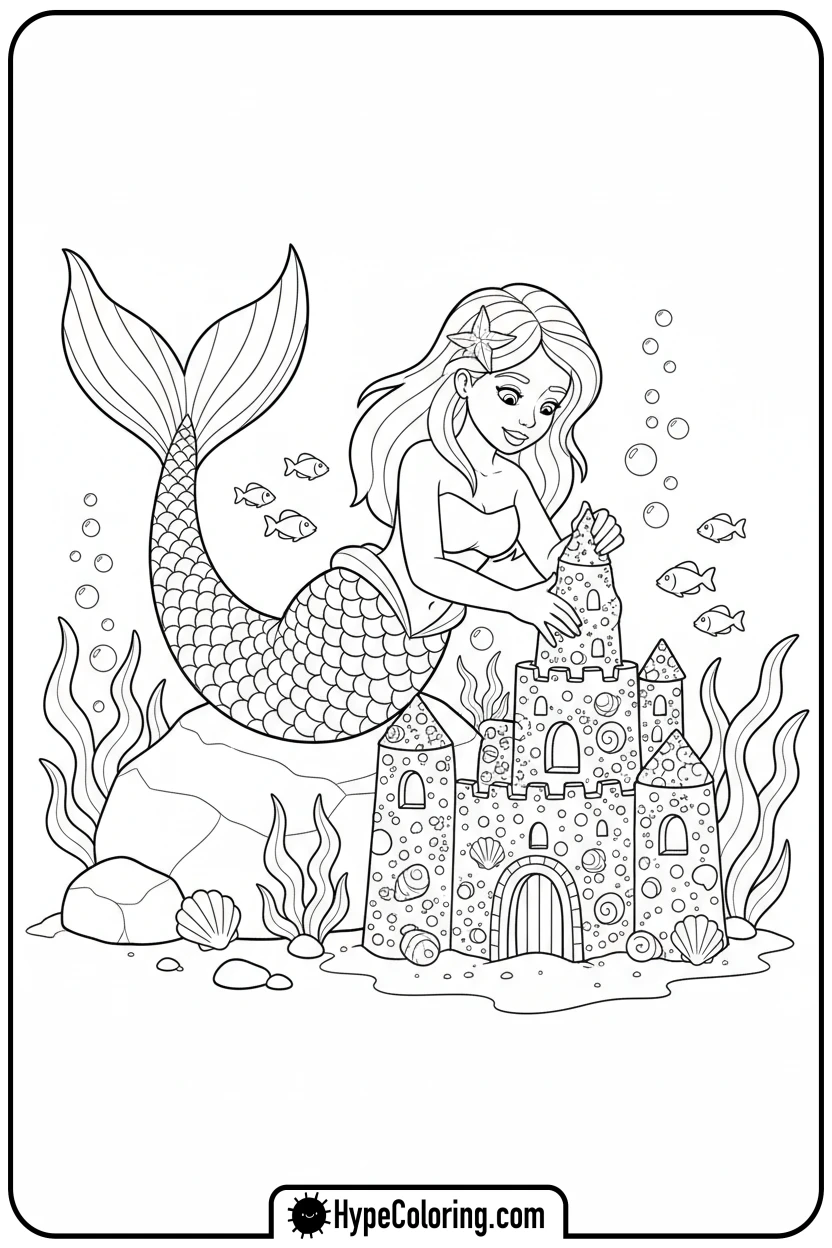 mermaid-building-sandcastle - mermaid coloring pages print