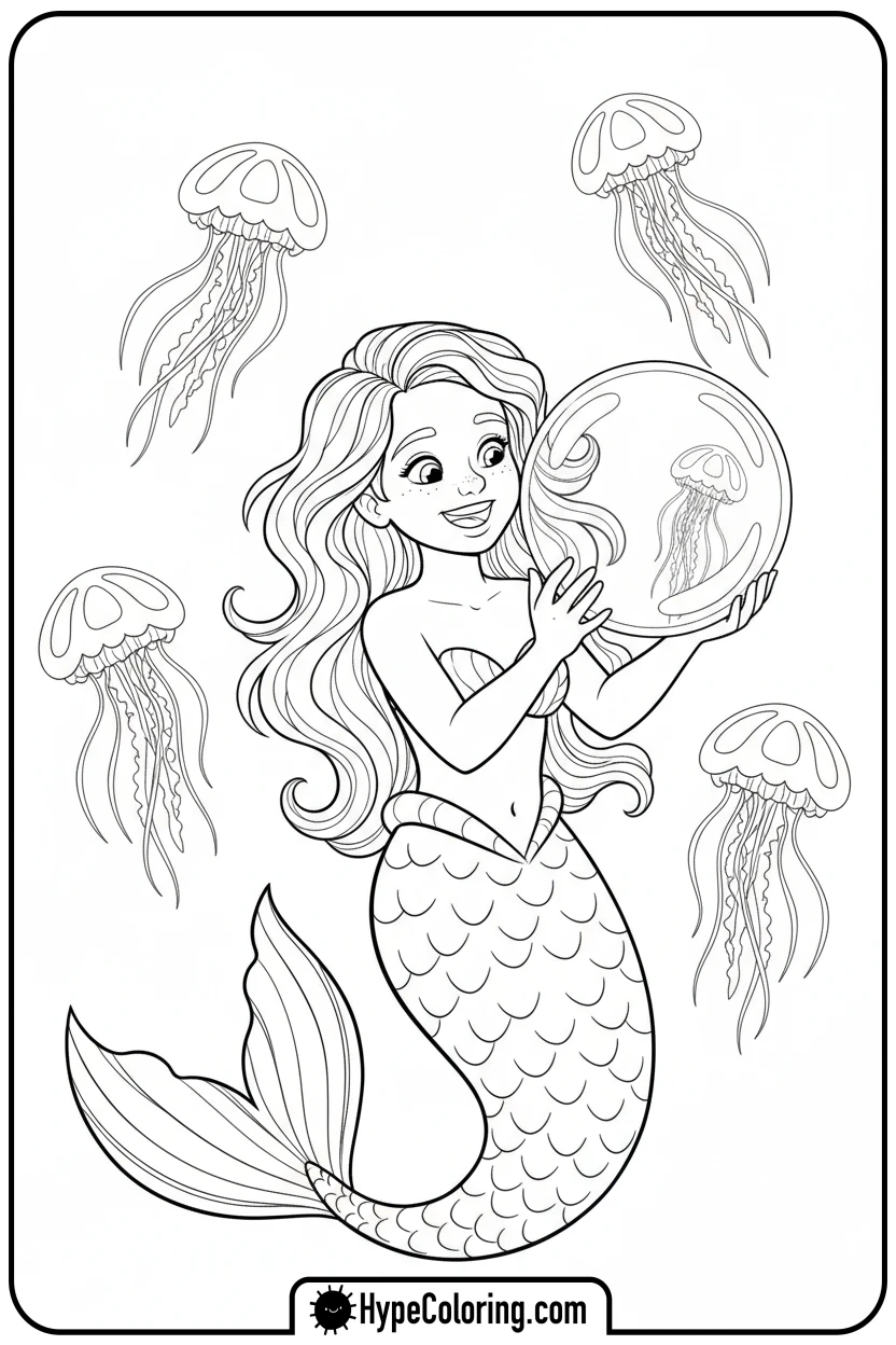 mermaid-looking-at-reflection-in-bubble - mermaid coloring pages print