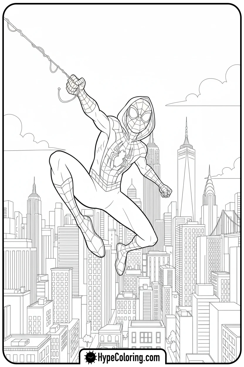 miles-morales-swinging-through-city - miles morales color pages