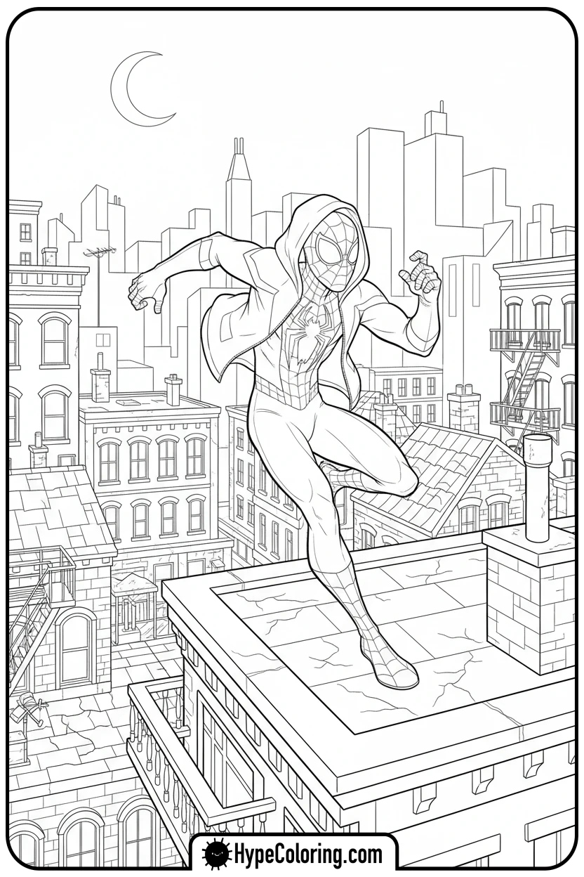 miles-morales-running-on-rooftops - miles morales color pages