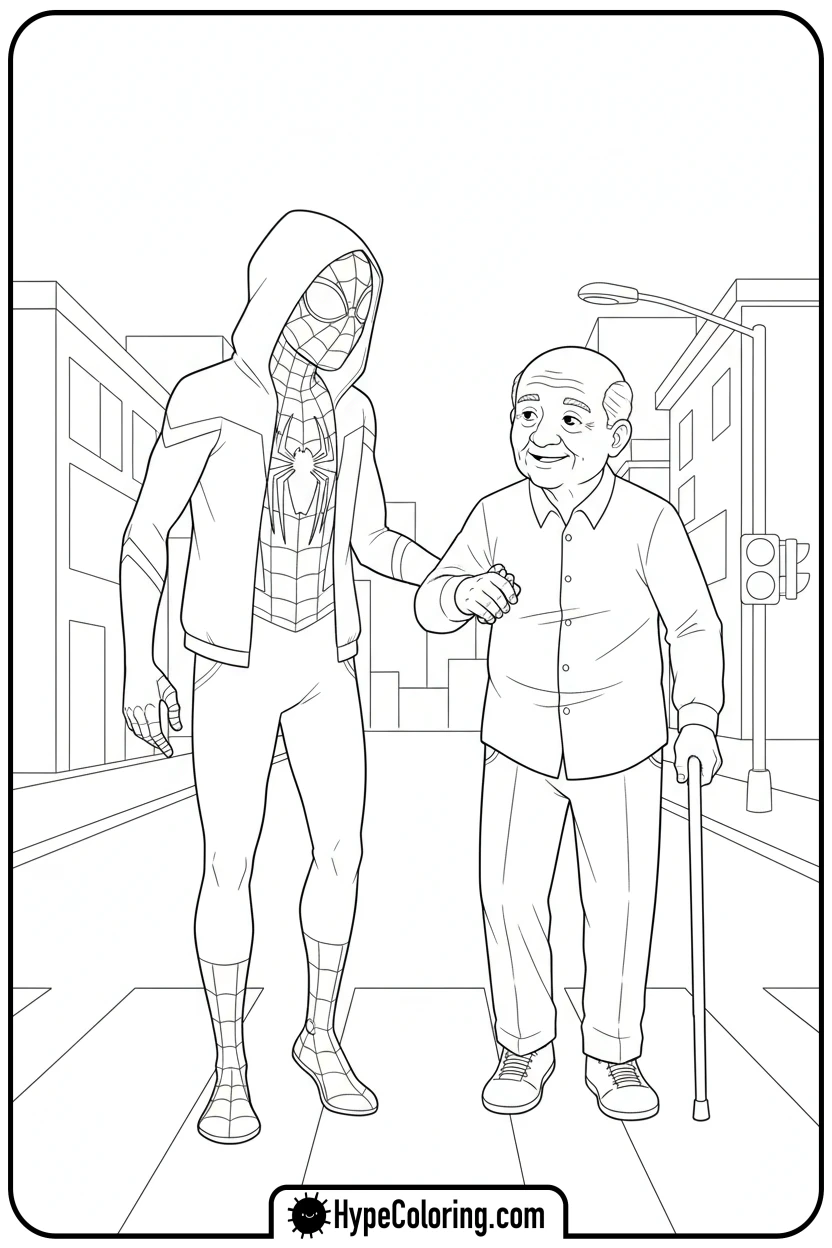 miles-morales-helping-elderly-person - miles morales color pages