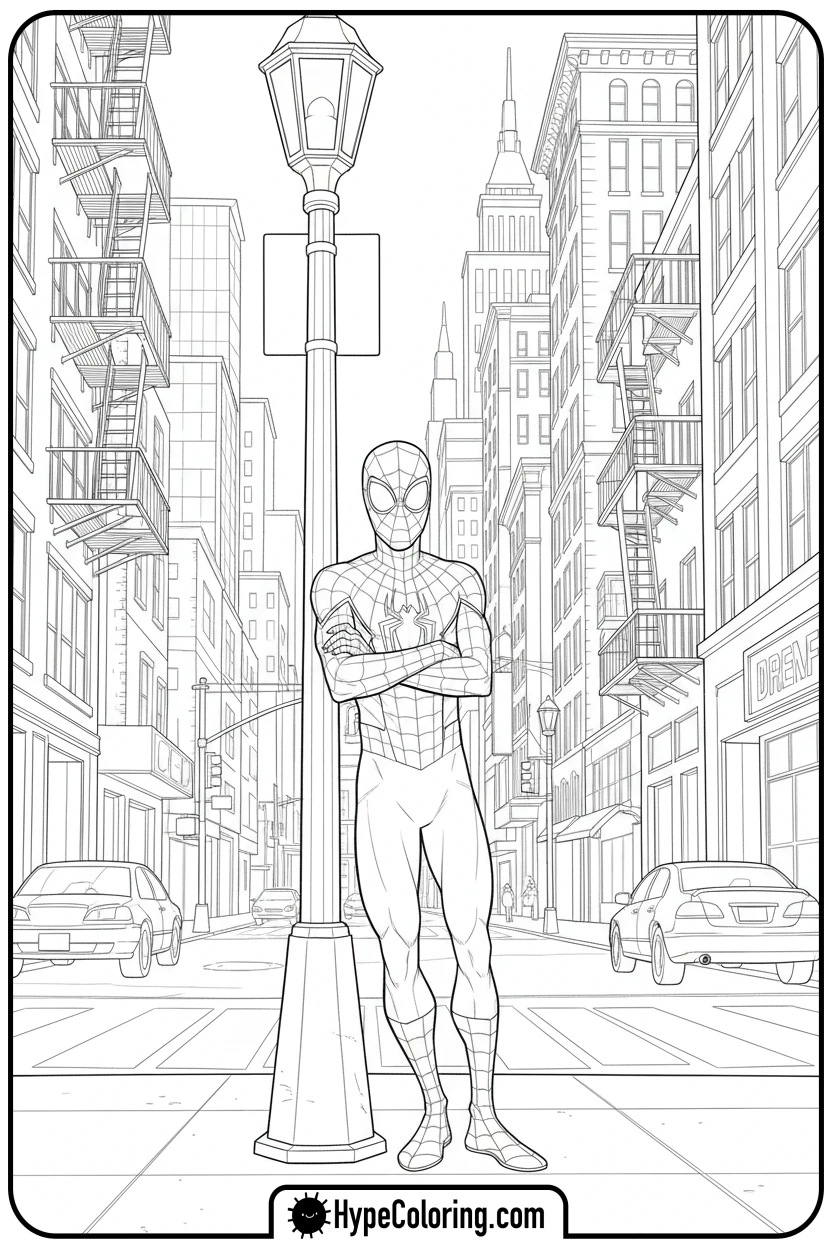 miles-morales-leaning-on-lamppost - miles morales color pages