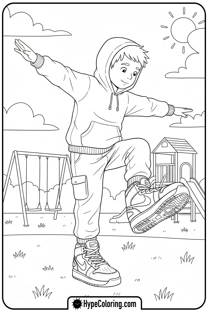 child-balancing-in-nike-shoes - nike coloring pages