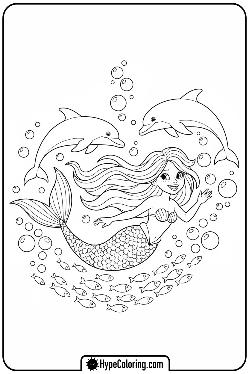 mermaid-swimming-with-dolphins - ocean coloring page