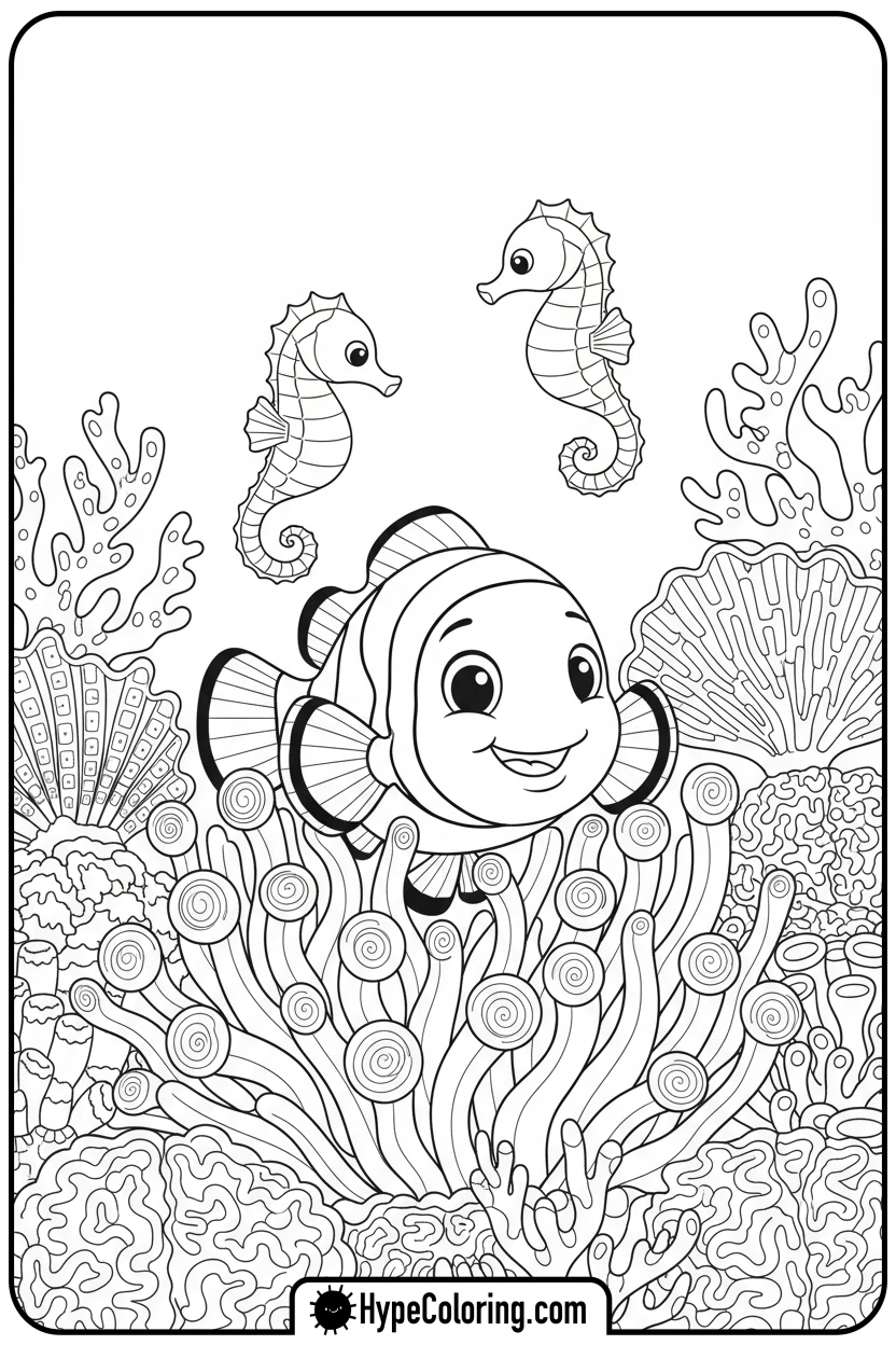 clownfish-in-anemone-with-seahorses - ocean coloring page