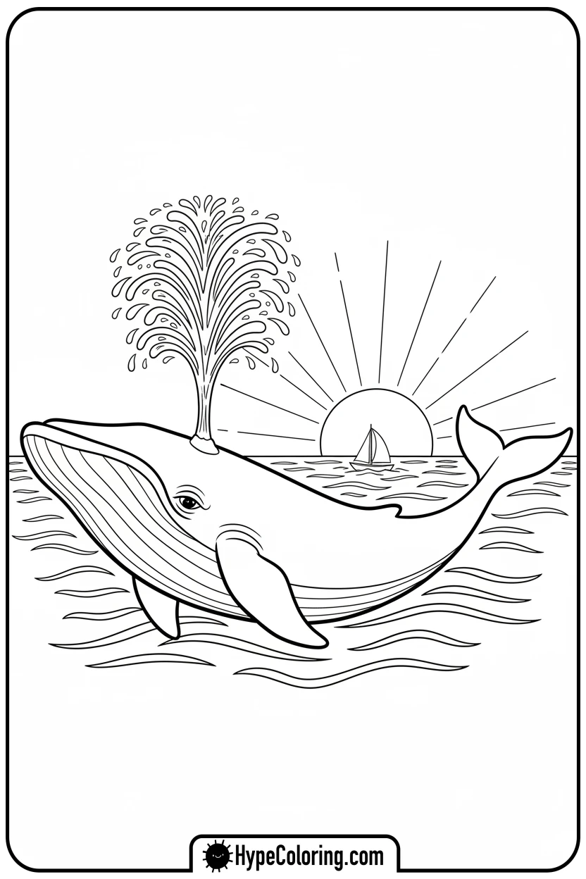 whale-spouting-water-near-sailboat - ocean coloring page
