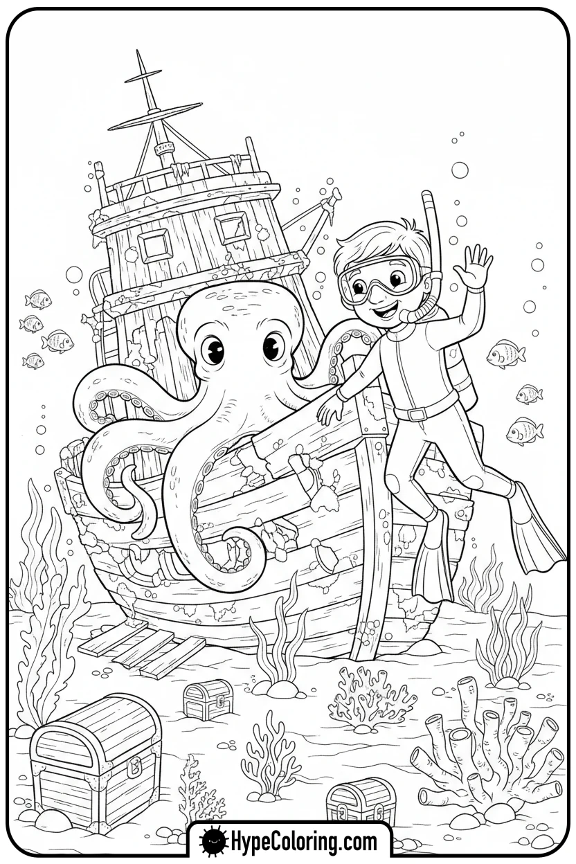 child-diver-exploring-shipwreck-with-octopus - ocean coloring page