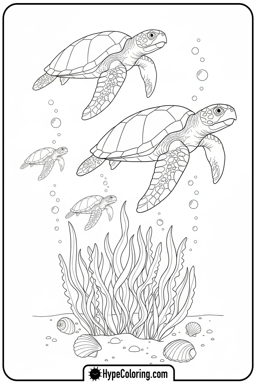 sea-turtles-swimming-through-seaweed - ocean coloring page