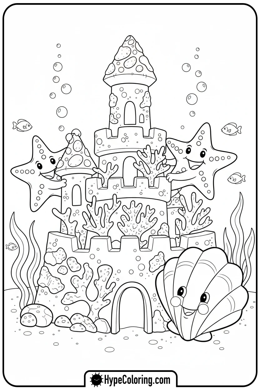 starfish-and-shell-building-sandcastle - ocean coloring page