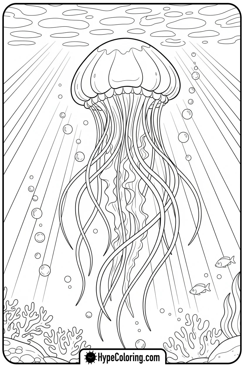 jellyfish-drifting-in-sunlight - ocean coloring page